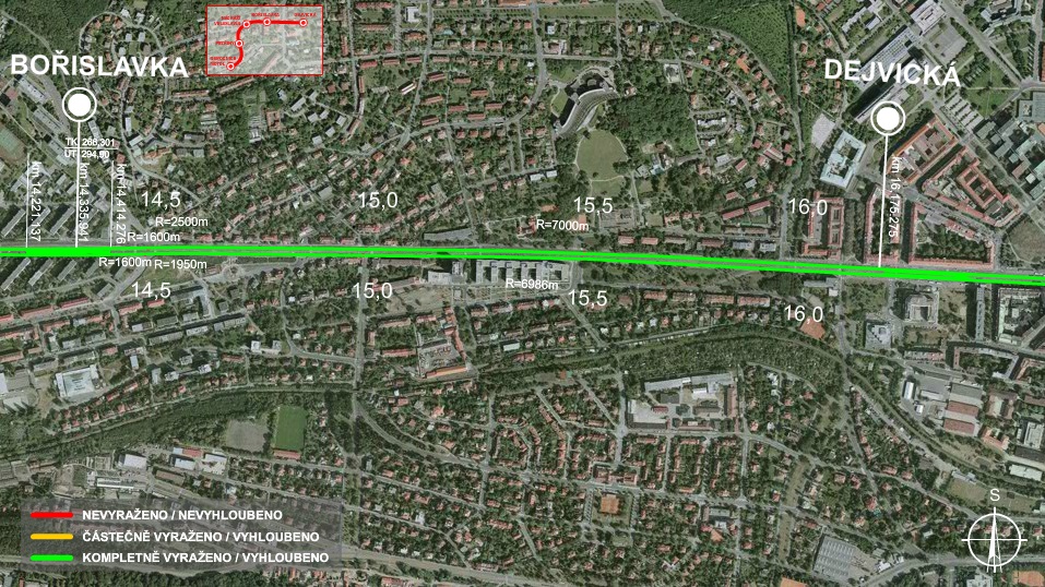 Úsek mezi stanicemi Dejvická - Bořislavka pod Evropskou ulicí
