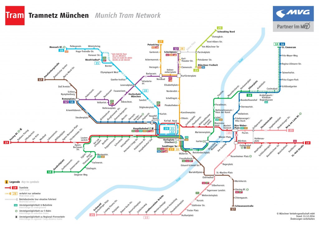 Schéma tramvajových linek v Mnichově (k 11. 12. 2016)